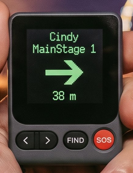 Gros plan de l'écran du badge affichant le prénom Cindy, la zone MainStage 1, une flèche directionnelle et la distance 38 m, au-dessus des boutons de navigation, FIND et SOS.